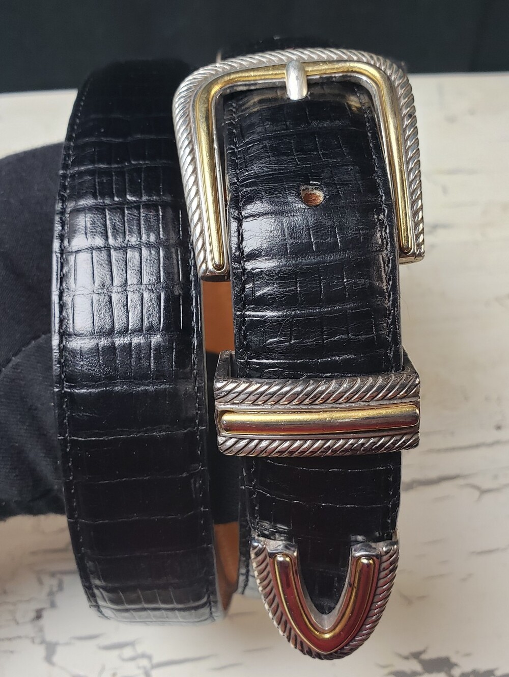 Onyx Teju Lizard Embossed Leather SouthWestern Belt in Black - Women's size 34
